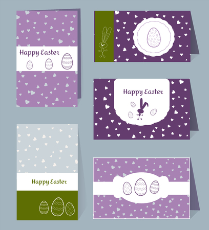 Vector card Happy Easter templates with eggs, rabbits, hearts and white frames border box. Illustration typographic design for spring and Easter greeting cards and invitations. Grey, lilac, violet, green grass colors and Silhouettes Bunnyのイラスト素材