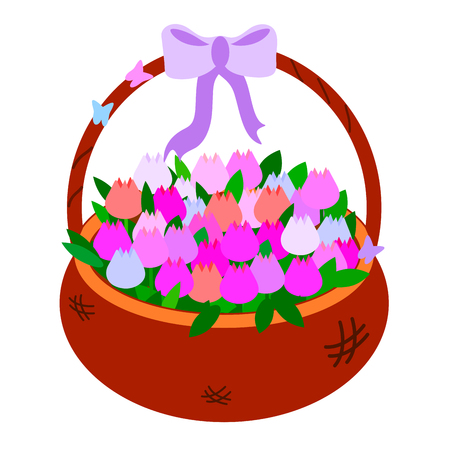Wicker Brown basket with tulips of pink shades isolated on white background. Vector illustration colorful object for baby educational cards. With a purple bow and butterflies. Card with flowers for congratulations on March 8 or mothers Dayのイラスト素材