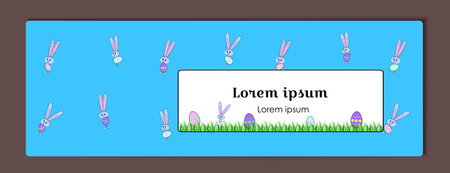 Vector horizontal blue cover or banner for Happy Easter with painted eggs and a rabbit. Bunny and eggs with a floral pattern. Decoration of green grass border. White place for text. Illustration holiday template for sale banner, for design cover, booklet.のイラスト素材