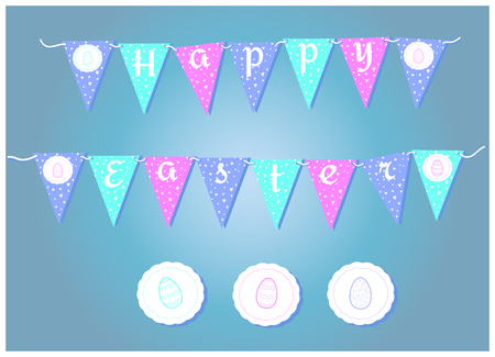 Vector Easter garlands with flags, eggs, hearts and rabbits. illustration of patterns of delicate colors aquamarine turquoise, pink, blue. Silhouettes of bunny and hearts. Suitable for decoration of the spring holidays of Easter on March 8. print and cutのイラスト素材