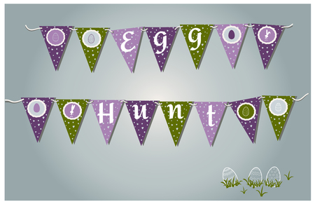 Vector Easter garlands with flags, eggs, hearts and bunnies. Illustration typographic design for spring and easter cards and invitations. Gray, lilac, purple, green grass colors and rabbit silhouettes. Print and cut Egg Huntのイラスト素材
