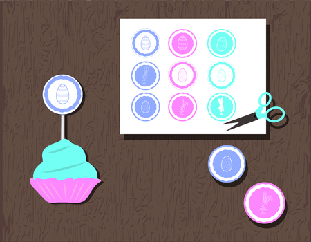 Vector Cupcake toppers or stickers with eggs, hearts and rabbits. illustration delicate colors aquamarine turquoise, pink, blue. Silhouettes bunny and hearts. For decoration of the spring holidays. Print and cut for party easter egg hunt Isolated on layerのイラスト素材