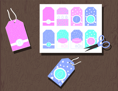 Gift Tags with eggs, hearts and rabbits. illustration spring colors aquamarine turquoise, pink, blue. Silhouettes bunny and hearts. Suitable for decoration of the spring holidays Easter print and cut Isolated on layerのイラスト素材