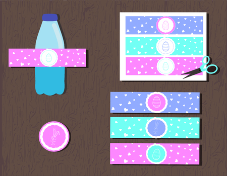 Printable water bottle label for party easter with eggs, hearts and rabbits. illustration delicate colors aquamarine turquoise, pink, blue. Silhouettes bunny and hearts. Suitable for decoration of the spring holidays print and cutのイラスト素材