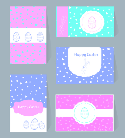Vector card Happy Easter templates with eggs, rabbits, hearts. White frame border box. Illustration typographic design for spring greeting cards and invitations illustration delicate colors aquamarine turquoise, pink, blue. Print and cut Isolated on layerのイラスト素材
