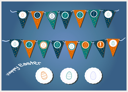 Vector Easter garlands with triangular flags, eggs, hearts and bunnies. Illustration typographic design for spring and easter cards and invitations. Gray, orange, green grass colors and rabbit silhouettes. Print and cut Egg Huntのイラスト素材