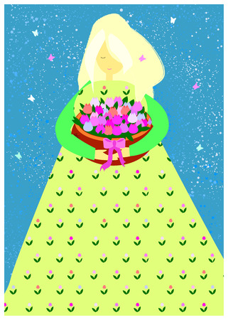 Tender girl holding basket of tulips. Vector illustration of cute blonde virgin in a green sundress with floral ornament. Hugs bouquet of flowers and butterflies are spinning. Spring holiday card, banner, poster for the feast of Women s Day on March 8のイラスト素材