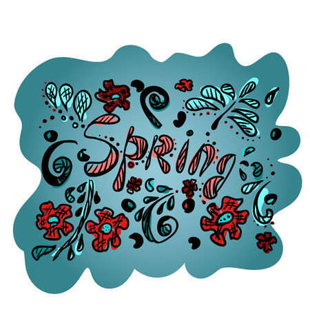 Vector drawing of spring. flower and fantasy plants. Black contour and colored spots of red and blue. Illustration ink brush slogan. T-shirt, poster vector designのイラスト素材