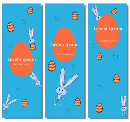 Set illustration for happy easter banner character gray hare. Vector rabbits and red eggs with ornament on a blue background. Orange big egg place for text. Vertical template with hiding bunnyのイラスト素材