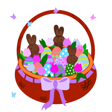 Wicker brown basket with tulips, colorful eggs, chocolate hares. Isolated on white background. Vector illustration object for cards educational. With a purple bow and butterflies. Card with flowers for congratulations on Easter. Egg huntのイラスト素材