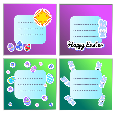 Card Templates Set Vector Happy Easter with stickers eggs, bunnies, flowers. Illustration for greeting cards and invitations. Green and purple colors. banner, album or post. With border box for textのイラスト素材