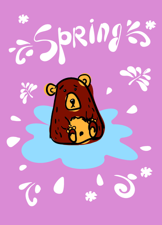 Card design with a contour pattern of cute bear by hand, in a blue puddle on a gently pink background. Inscription Spring. The spots are brown and yellow. Doodle vector illustration.のイラスト素材