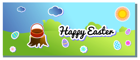 Vector horizontal landscape for Happy Easter with painted eggs and basket. sun, cloud and eggs sticker. Decoration hills and sky. Illustration holiday template for sale banner, design cover, booklet.のイラスト素材