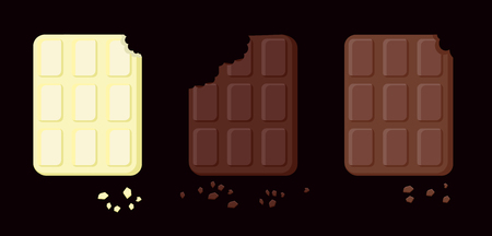 illustration of three varieties of bitten chocolate. Objects isolated on a layer. Elements emblem sweets. Vector Food for cards, applications. Pieces of chocolate against black background. Milky, bitter, white. International Chocolate Dayのイラスト素材