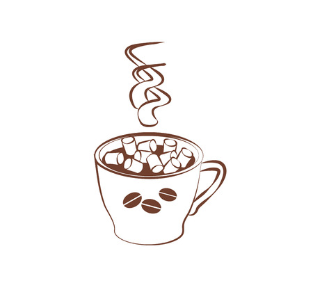 Delicious brewed coffee or cocoa with small marshmallows on a white background. Vector fragrant drink for a cozy coffee house. Illustration Hot chocolate for coloring book, cards or menu design.のイラスト素材