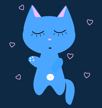 Blue cat is sleeping. White belly, pink paws. Funny kawaii kitten. Children s card. Cute cartoon vector character. illustration on dark background and hearts. Poster in the nursery or print on clothesのイラスト素材
