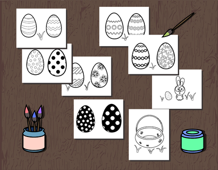 Vector Black and White Easter Egg poster separated on layers. Coloring book page for kids. Illustration with a thick contour and finger coloring. Bunny and basket. Egg hunt for gift card.のイラスト素材