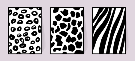 Vector texture of zebra, giraffe, leopard. Black and white illustration for poster. Monochrome poster with animal background for textile design set safari jungle fur. Three cards for wall decorationのイラスト素材