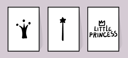 Nursery vector decor. Set of Three monochrome posters with inscriptions Little princess, crown and magic stick on white background. Black and white drawings in Scandinavian style. Illustration for print on wall art.のイラスト素材