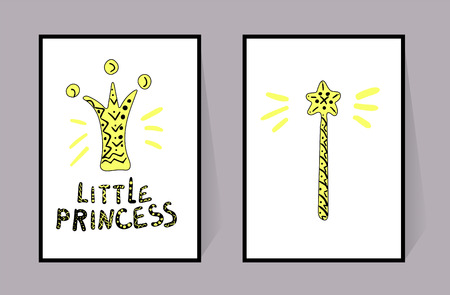 Crown, Little princess and magic wand. Two posters yellow color and black line. Vector decor set for baby bedroom. Hand draw inscription and ornament Scandinavian style. Illustration on white background. For printing on walls or textiles, clothing.のイラスト素材