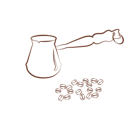 Simple illustration of a traditional coffee pot and coffee beans. Brown cezve silhouette isolated on white background. Contour emblem. Vector card for coloring or menu design for cafe or bakery. The icon for the design of the National Coffee Dayのイラスト素材
