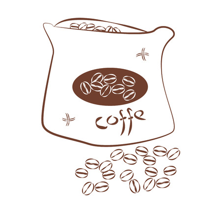 Minimalistic design of coffee beans in the bag. Simple drawing brown outline on white background. Vector jute bag or canvas with label and scattered grains. Card for coloring or menu design for cafe or for design of national coffee day.のイラスト素材
