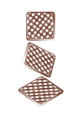 Brown Sweet waffles. Contour illustration slice crispy confectionery tasty patisserie waffle. Silhouette dessert for cafe design or bakery menu collection. Vector food coloring card, isolated on white background. Three crunchy flat biscuitのイラスト素材