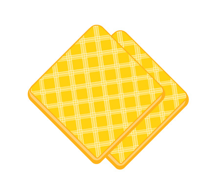 Two crispy waffles. Flat illustration of wafer biscuit slice isolated on layer. Vector yellow crispy pastry. Dessert for the design of the menu of the bakery or cafe. Elements of sweets.のイラスト素材