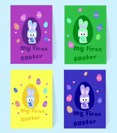 Easter little gray bunny. Four invitation cards with rabbit and colorful eggs. Purple, green, yellow and blue. My first Easter. Vector illustration to decorate the holiday of Easter hunting. Print on clothes, garlands or flags to decorate the party.のイラスト素材