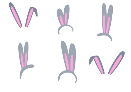 Set of isolated Easter bunny ears on a white background. Pink and gray mask with a rabbit ear. Spring seasonal cute clipart. Illustration hare ears for decorating photos, parties.のイラスト素材