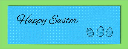 Blue Easter horizontal banner white dot. Happy Easter. Simple cute illustration of black lines three eggs with a pattern. Vector for sale cover, blog, booklet.のイラスト素材