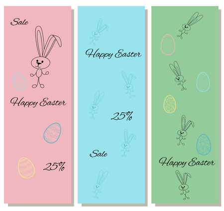 Gentle set of discount coupons with cute contour black rabbits. Green, pink and blue colors. Flags, certificates, flyers or banners in cartoon style. Vector illustrationのイラスト素材