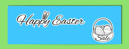 Easter banner with the inscription Happy Easter with bunny ears and a basket with eggs on a white background in the style of the sticker. Horizontal simple illustration of black lines eggs and white dot pattern. Vector for sale cover, blog, booklet.のイラスト素材