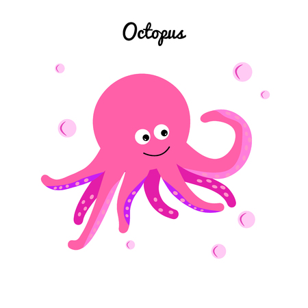 Comic pink octopus with bubbles water. Flat vector icon mollusk with tentacles. Cartoon marine character isolated on white background. Ocean illustration Educational cards for kids. Print for clothes, mug, baby shower decoration.のイラスト素材