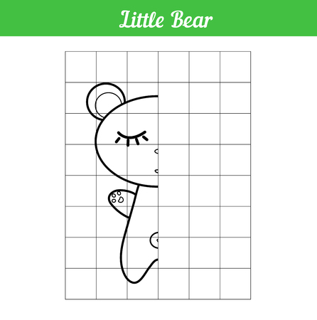 Sleeping little bear. Copy the picture along the grid line. Vector coloring book for educational game. Illustration with a simple picture for the youngest children.のイラスト素材