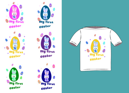 Stickers Cute little rabbit with my first Easter. Six color options. Vector illustration with bunny and easter eggs. Template for a party, hunt for eggs, postcard invitations or T-shirt design.のイラスト素材