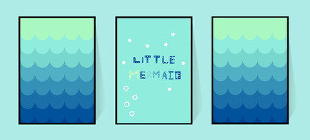 Three posters with a mermaid gradient blue tail. Wall decoration in the nursery or bathroom for girls. Funny inscription in cartoon style. Vector illustration of fish skin background.のイラスト素材
