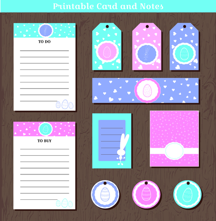 Big Easter set printable cards and notes with bunnies and hearts. Vector illustration for Easter party print and cut greeting cards, invitations, worksheet, gifts decoration. Colorful templates spring holliday. Colors aquamarine, turquoise, pink, blueのイラスト素材
