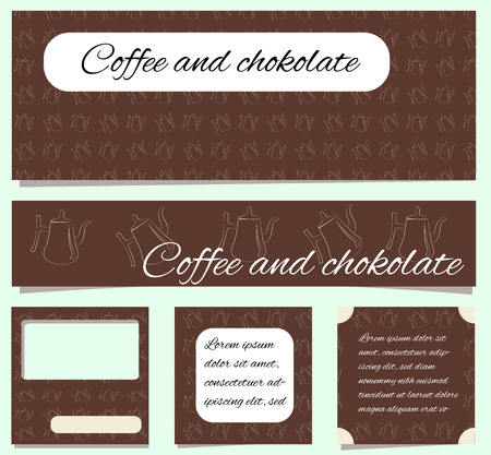 Set of banners and covers Coffee and Chocolate. Beige contour coffee pot on a brown background. With place for text or photo. Vector illustration for blogs, coffee shops or bakery menusのイラスト素材