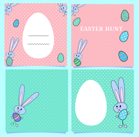 Square Easter cards of pink and blue with bunnies and colored eggs. Banners with rabbits and space for text. White egg frame. Vector illustration for Easter hunt, party invitations, blogs. Gray hare holds a colorful egg on the background at dote, polka.のイラスト素材