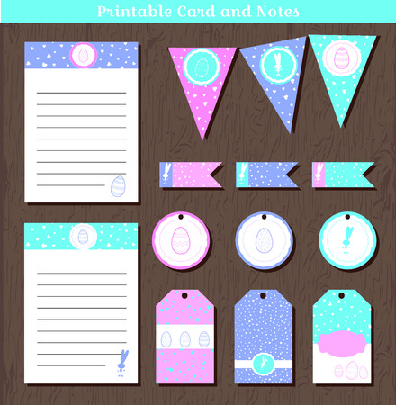 Vector Easter set tag, notes, garland, flag, stiker with bunnies and hearts. Vector illustration for Easter to do list and decoration invation, greeting cards, invitations. Templates party holliday.のイラスト素材