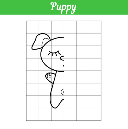 Little puppy with closed eyes. Copy the picture on the sample. Illustration for drawing child activity. Vector coloring book. The character of the pet is a dog. Easy game for kidsのイラスト素材