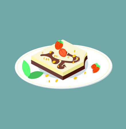 Bitten chocolate dessert on a white plate. Illustration of a square cake with different layers of chocolate with strawberries. Milk-chocolate jelly. Vector sweets for cards, web, applications. Food eaten to decorate the bakery or cafe menuのイラスト素材