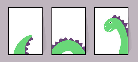 Three posters with a cute green dinosaur. Vector cool dino. Set for walls, cards, invitations. Scandinavian drawing. Illustration on white background. Three cards for printing. Silhouette of a prehistoric animal.のイラスト素材