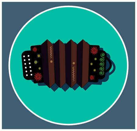 Musical instrument Accordion with red and yellow floral ornament. Folk Russian music. Object black harmonic isolated on green circle background. Flat icon. Vector illustration of educational cards of Russian style.のイラスト素材