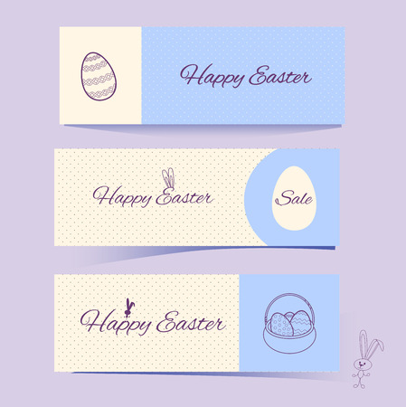 Set of horizontal Easter banners with rabbit on beige and blue background with dotted pattern. Purple contours of hares, eggs and space for text. Vector illustration for blog design, holiday sales, invitations, covers, booklets. A gentle concept bunnyのイラスト素材
