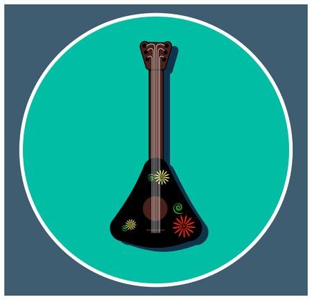 Colorful Musical instrument balalaika with floral ornament. Folk Russian music. Black object isolated on a blue background. Flat logo vector illustration for educational cards stringed musical instrumentのイラスト素材