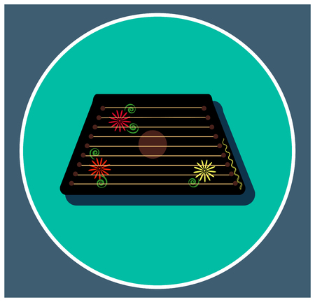Gusli Harp A musical instrument with a floral ornament. Folk Russian string music is flat. Black object isolated on blue background. Flat logo. Vector illustration in Russian style for music festival, art themes design.のイラスト素材