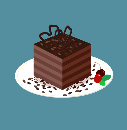 Chocolate sponge cake with cakes and cherries. Cocoa jelly cube and mint leaves. Vector illustration of a dessert on a plate in isometric style. Square layered chocolate brownie brownie. Sweets for the menu, confectionery, bakery, game applications.のイラスト素材