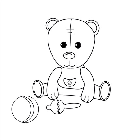 Cute little bear character in overalls with a rattle, a ball. Coloring page with toys. Vector simple game for kids. Linear illustration for preschool pastime. Contour child room objects isolated on white background.のイラスト素材